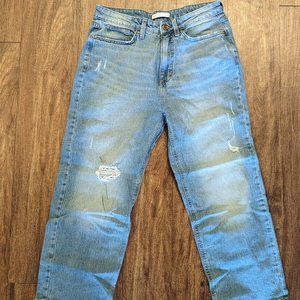 Distressed Crop Straight leg Jeans- Mid rise- Mid Wash